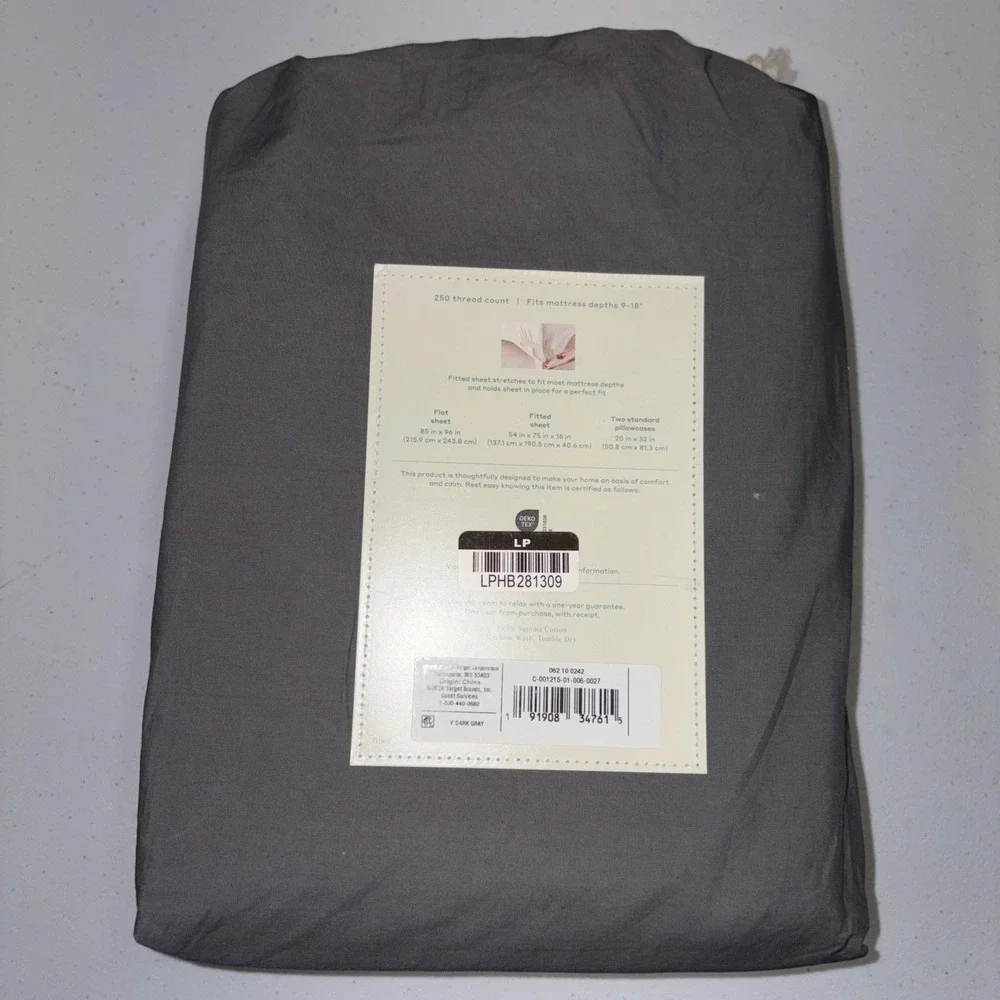 Casaluna Supima Percale Sheet Set Full Size Dark Gray 250 Thread Count